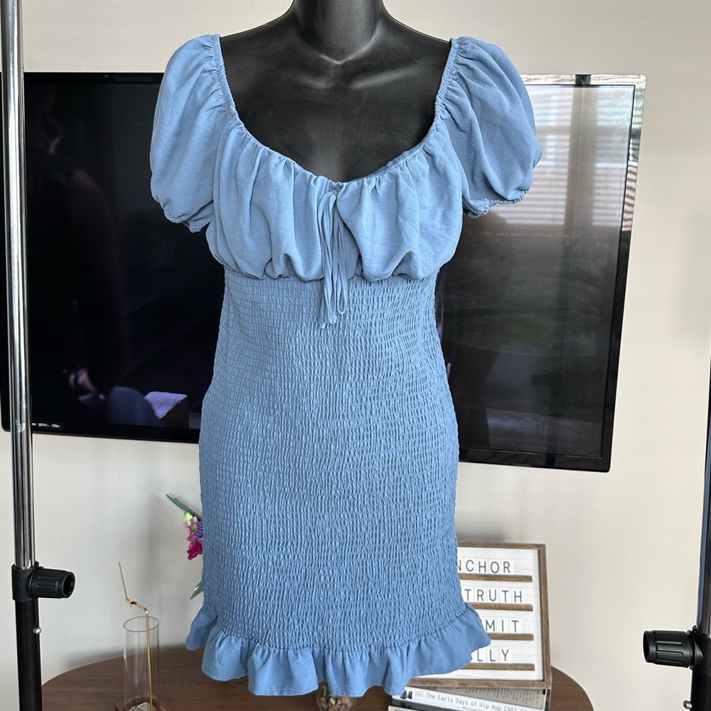 Love Tree Sky Blue Puff Sleeve Mini Dress